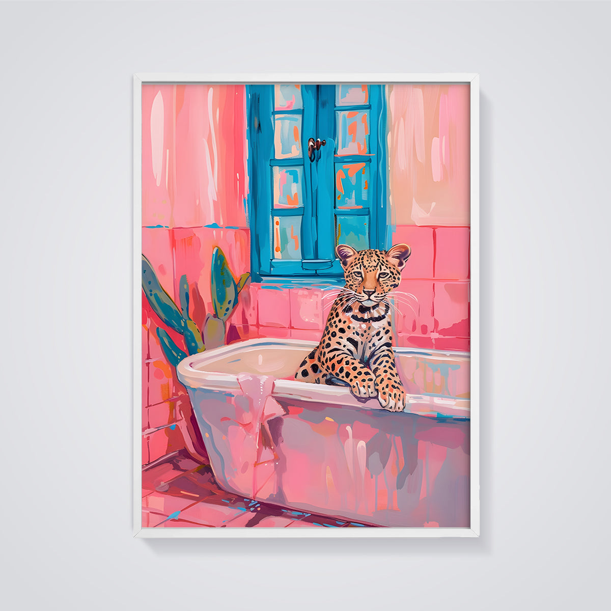 Pink Bathroom Leopard Print framed in white on a grey background