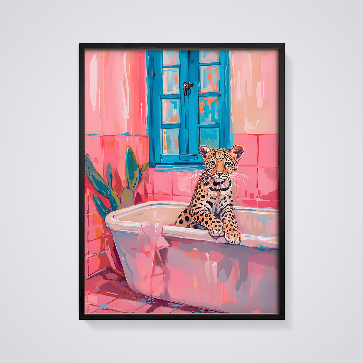 Pink Bathroom Leopard Print framed in black on a grey background