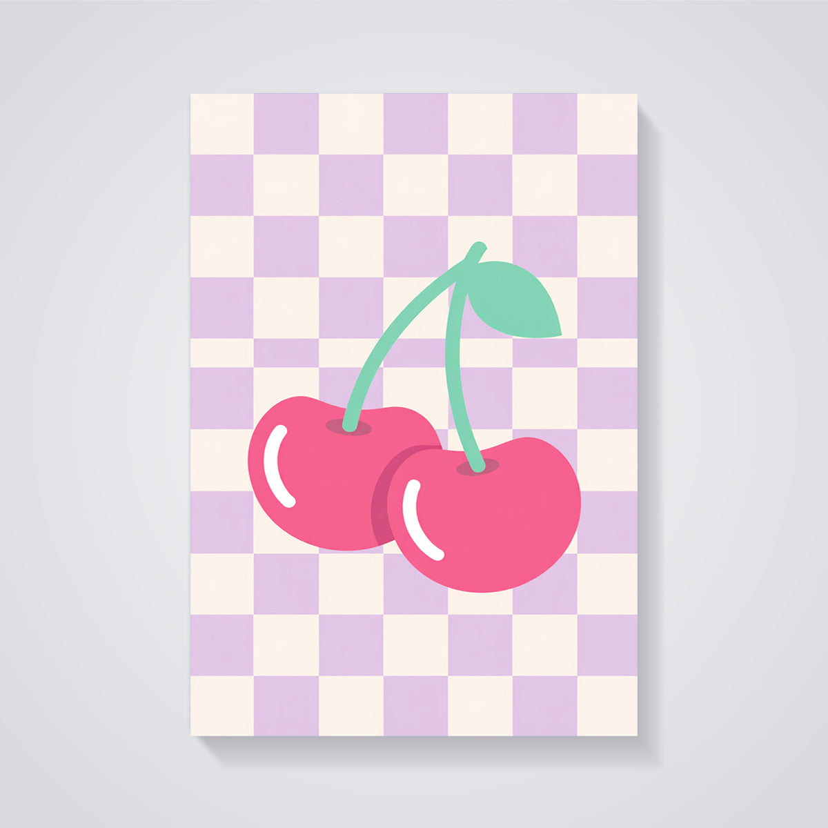 Pink Cherry Checkerboard Print unframed on a grey background