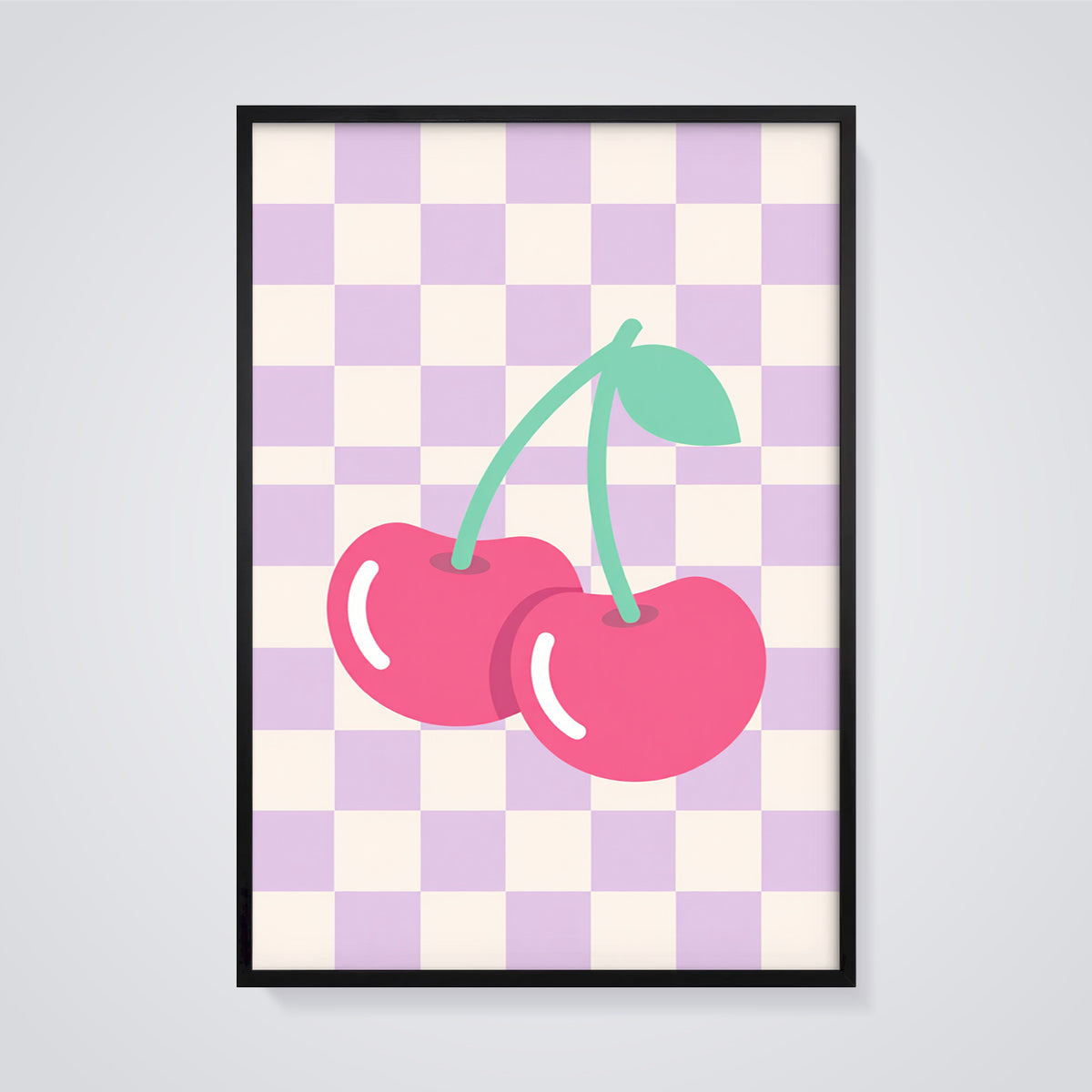 Pink Cherry Checkerboard Print framed in black on a grey background