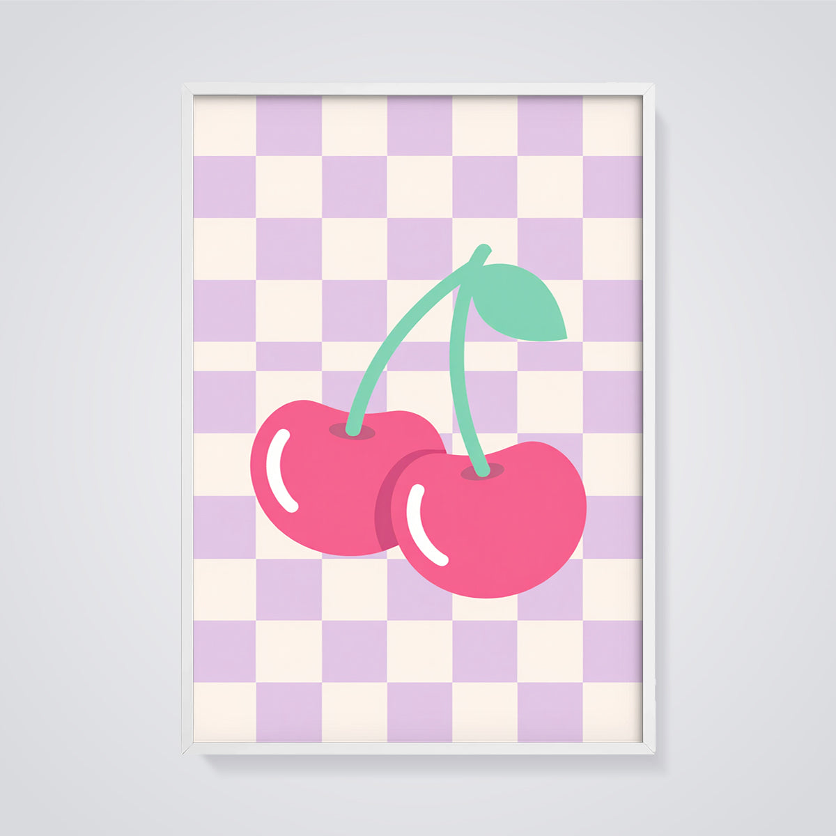 Pink Cherry Checkerboard Print framed in white on a grey background