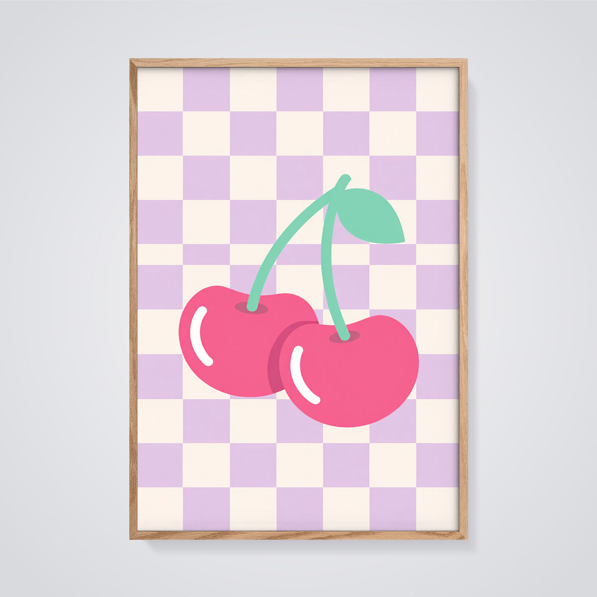Pink Cherry Checkerboard Print framed in oak on a grey background