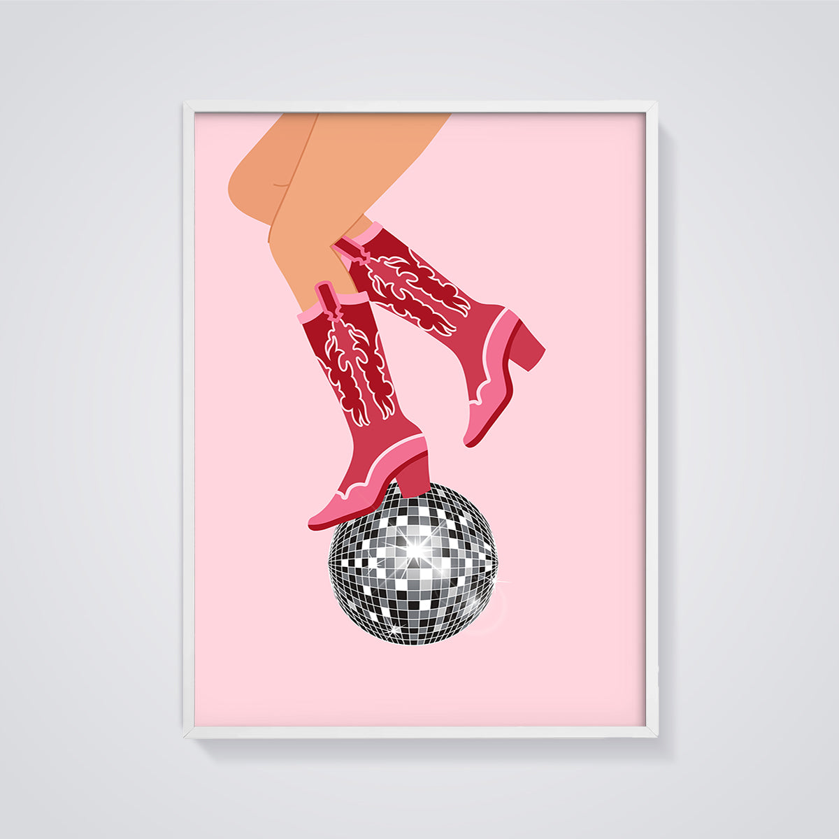 Pink Cowboy Boots Disco Print framed in white on a grey background