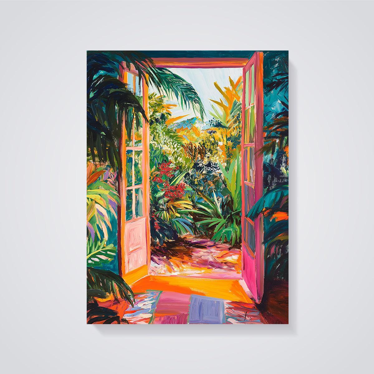Pink Door Tropical Garden Print unframed on a grey background