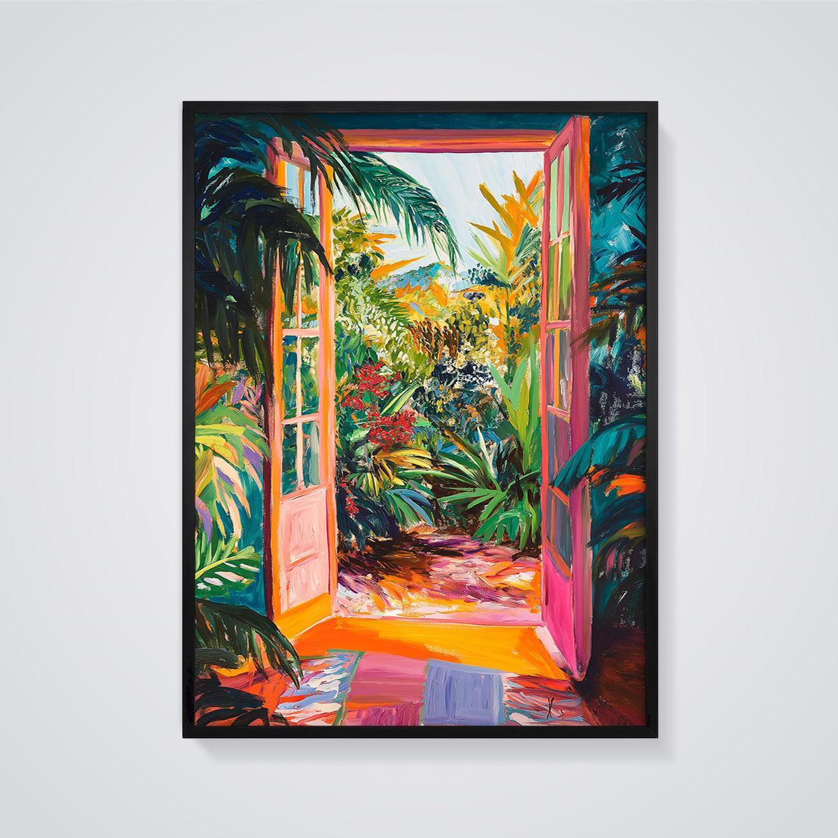 Pink Door Tropical Garden Print framed in black on a grey background