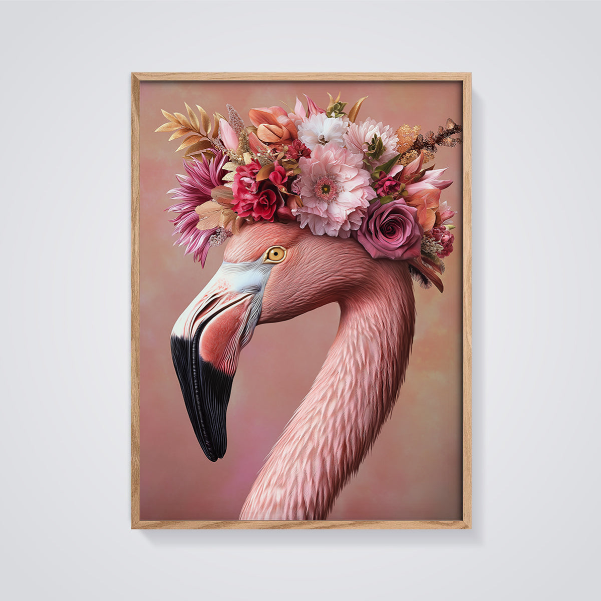 Pink Flamingo Floral Crown Print framed in oak on a grey background