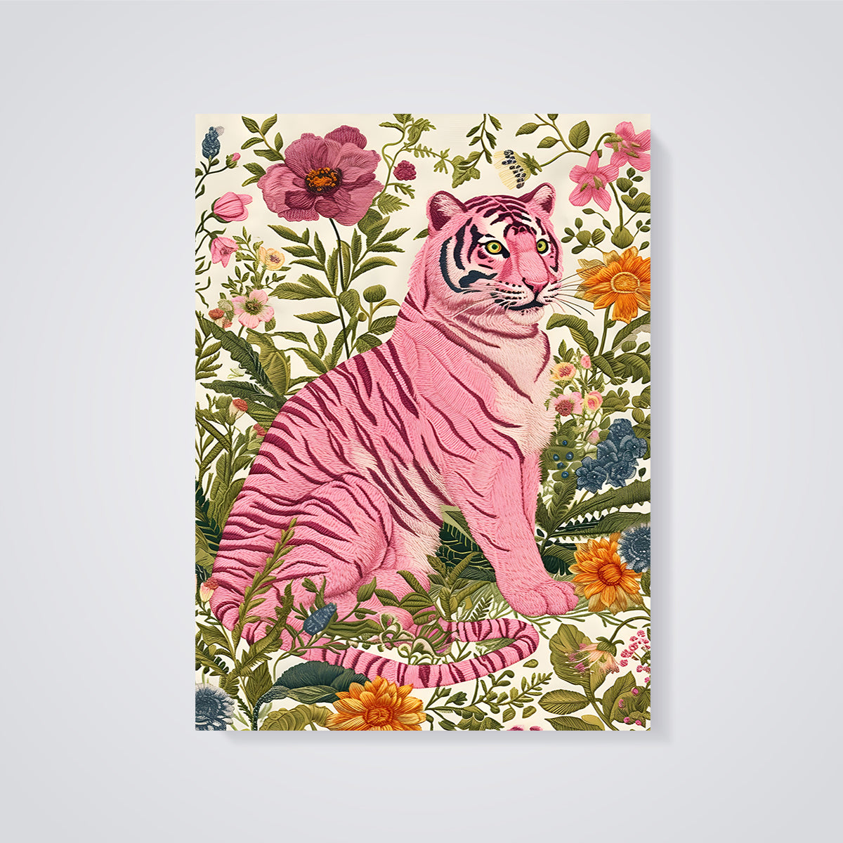 Pink Floral Tiger Print unframed on a grey background