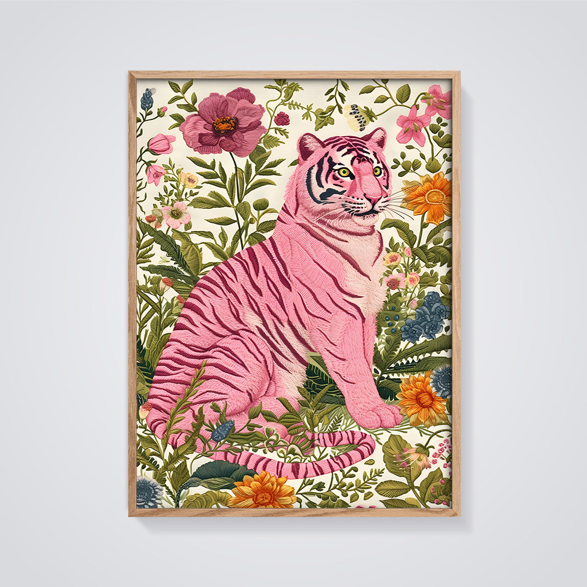Pink Floral Tiger Print framed in oak on a grey background