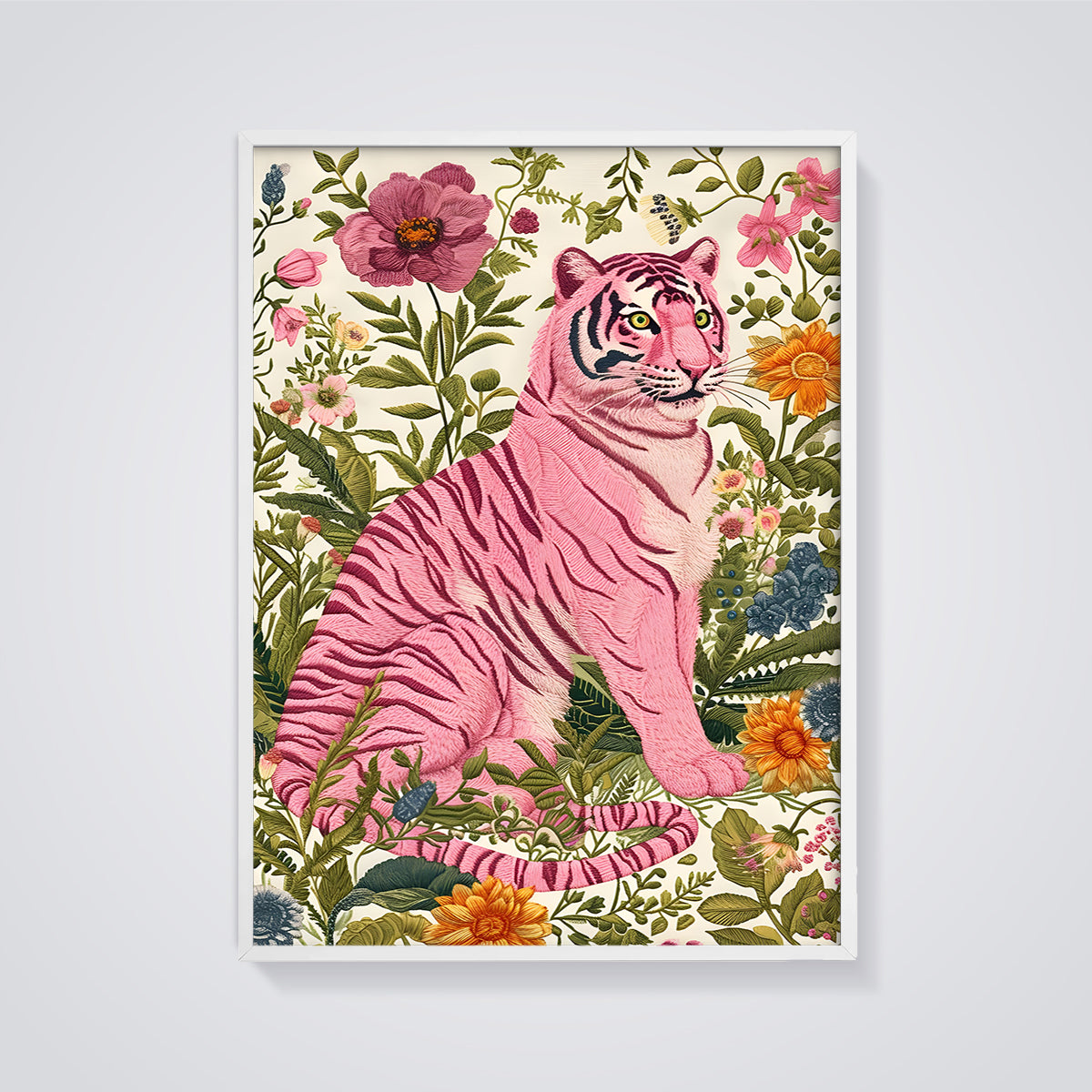 Pink Floral Tiger Print framed in white on a grey background
