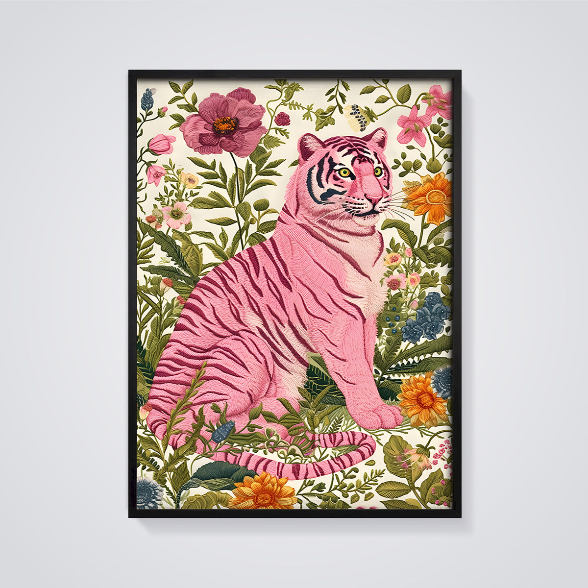 Pink Floral Tiger Print framed in black on a grey background