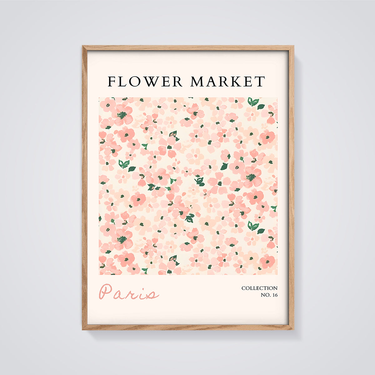 Pink Flower Market Paris Print framed in oak on a grey background