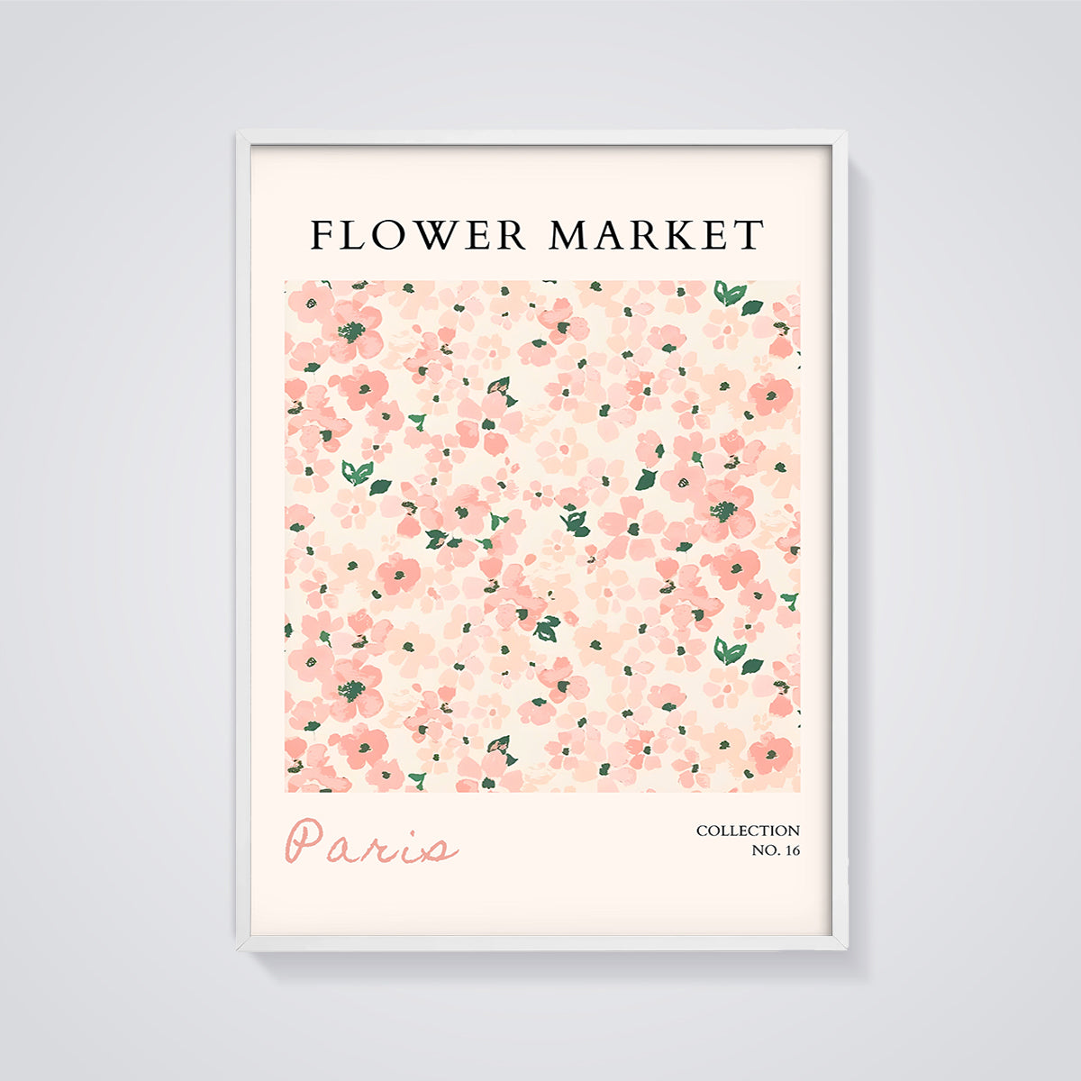 Pink Flower Market Paris Print framed in white on a grey background