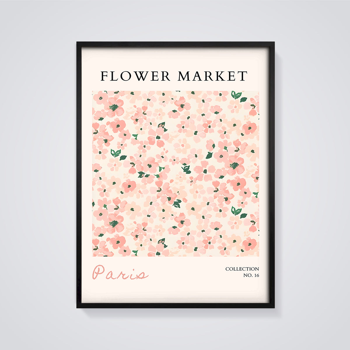 Pink Flower Market Paris Print framed in black on a grey background