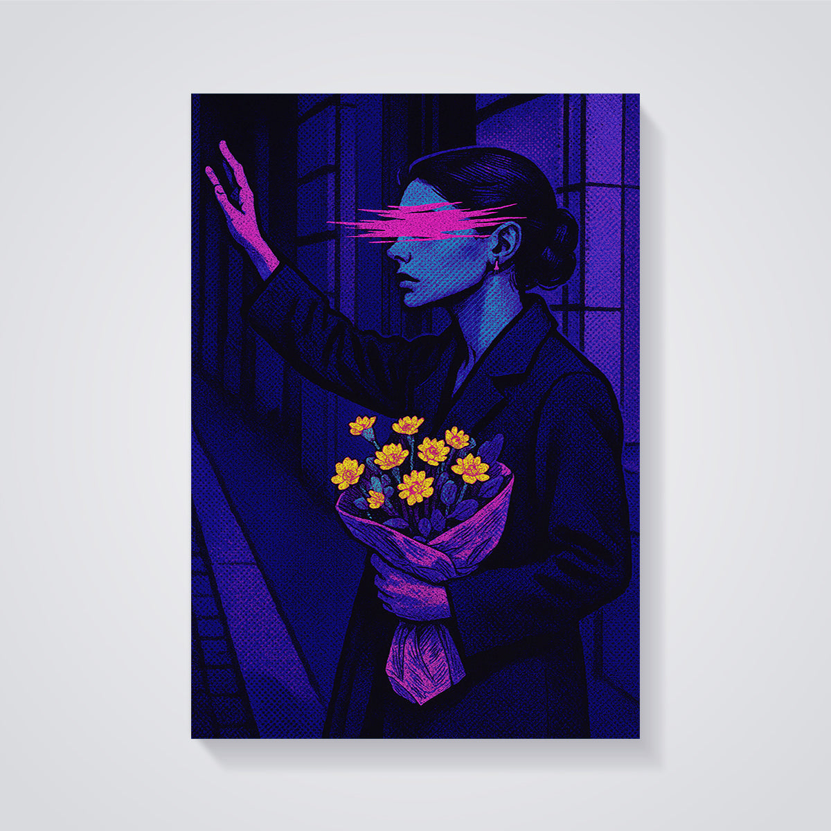 Pink Glitch Woman with Flowers Print unframed on a grey background