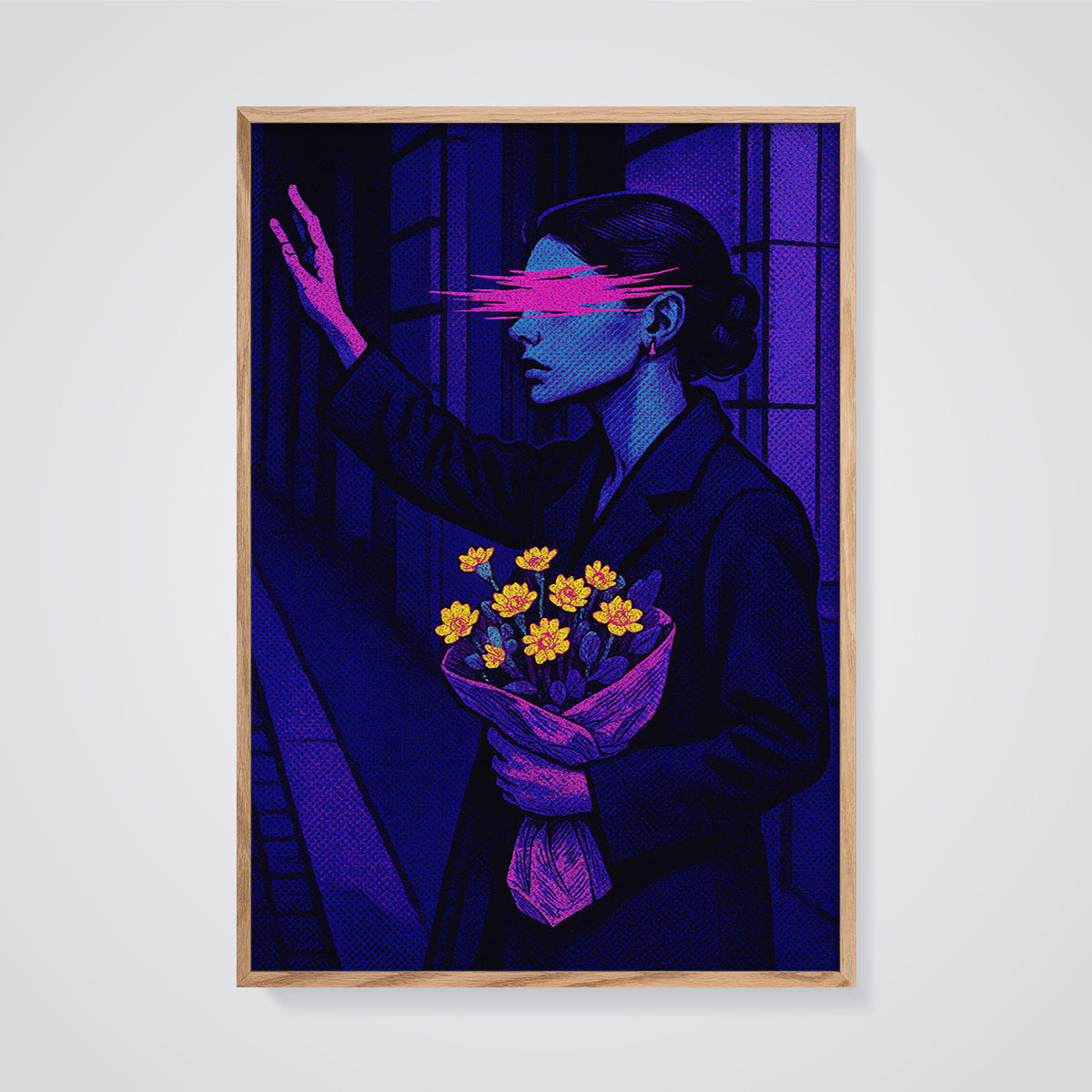 Pink Glitch Woman with Flowers Print framed in oak on a grey background