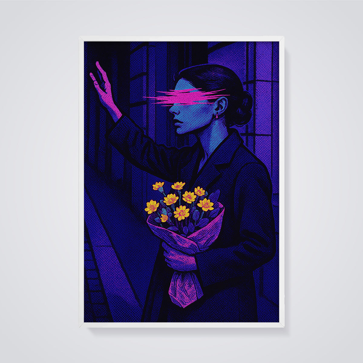 Pink Glitch Woman with Flowers Print framed in white on a grey background