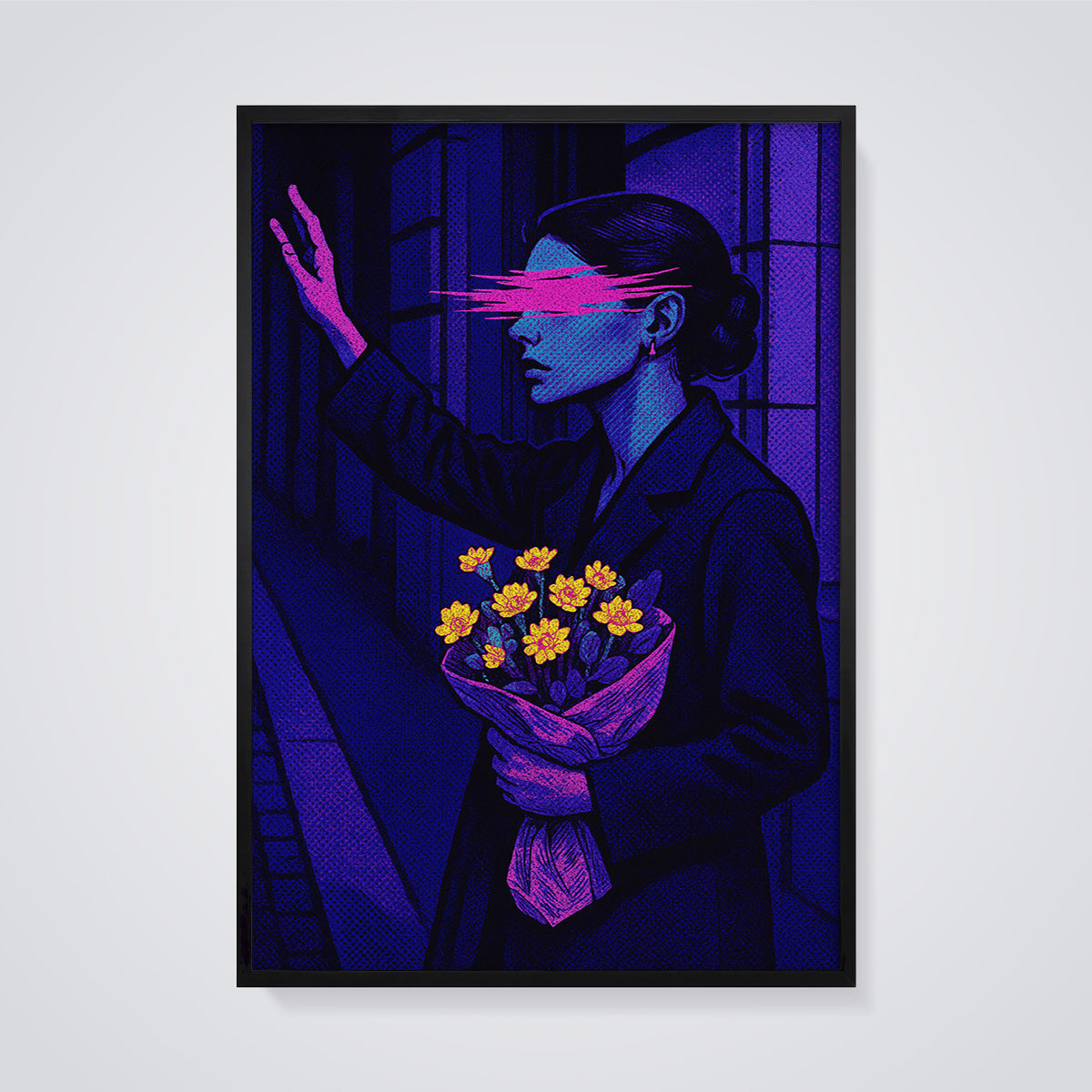 Pink Glitch Woman with Flowers Print framed in black on a grey background