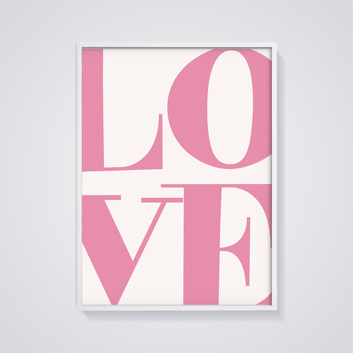 Pink LOVE Typography Print framed in white on a grey background
