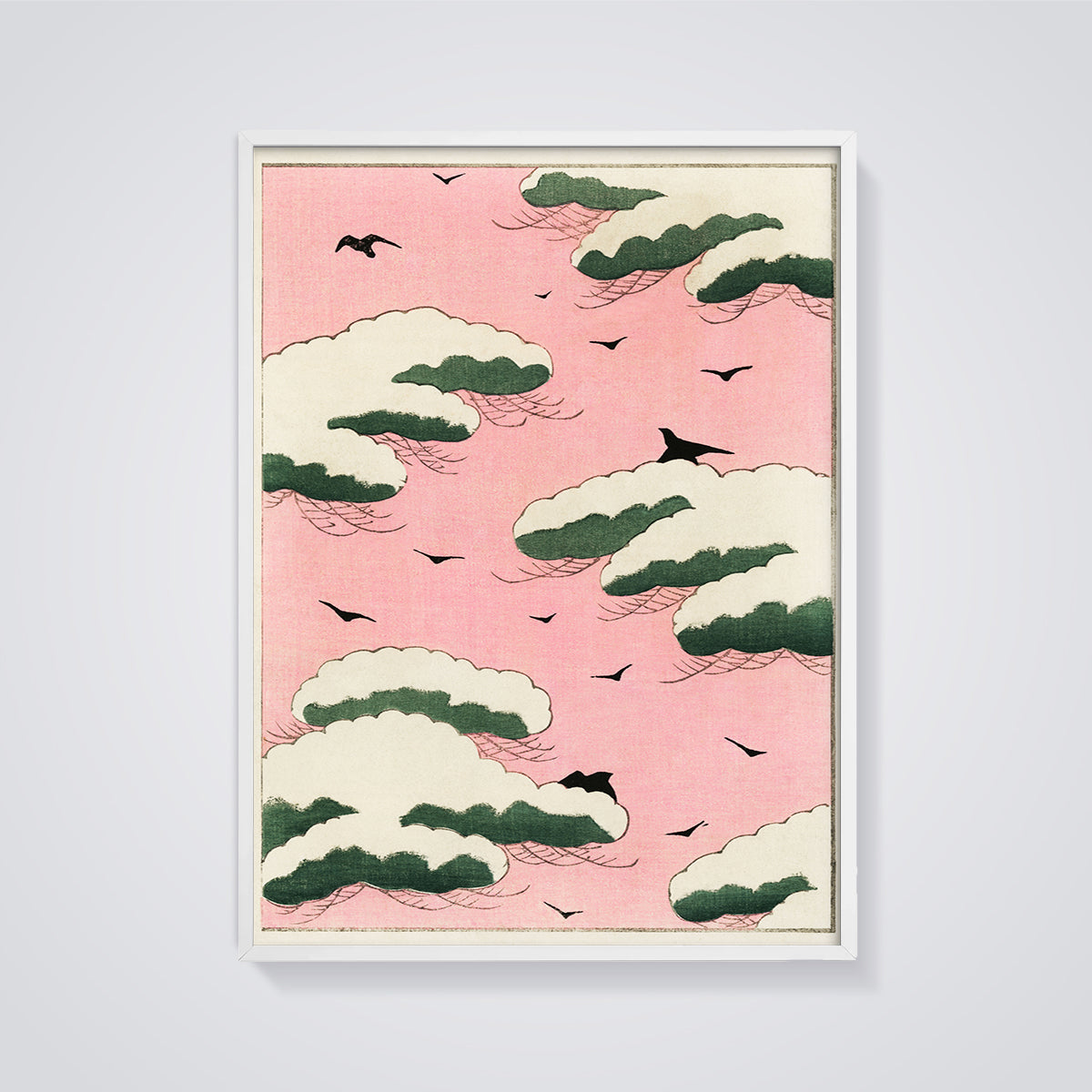 Pink Sky Snow Clouds and Birds Print framed in white on a grey background