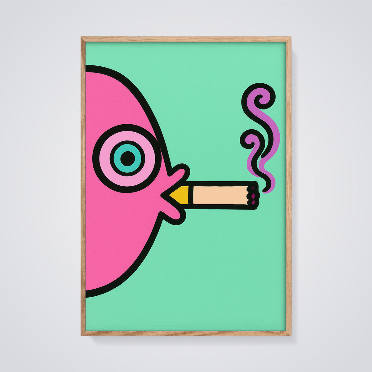 Pink Smoking Eye Print framed in oak on a grey background