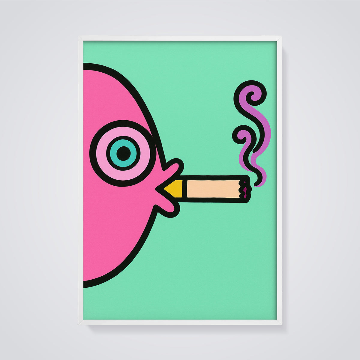 Pink Smoking Eye Print framed in white on a grey background