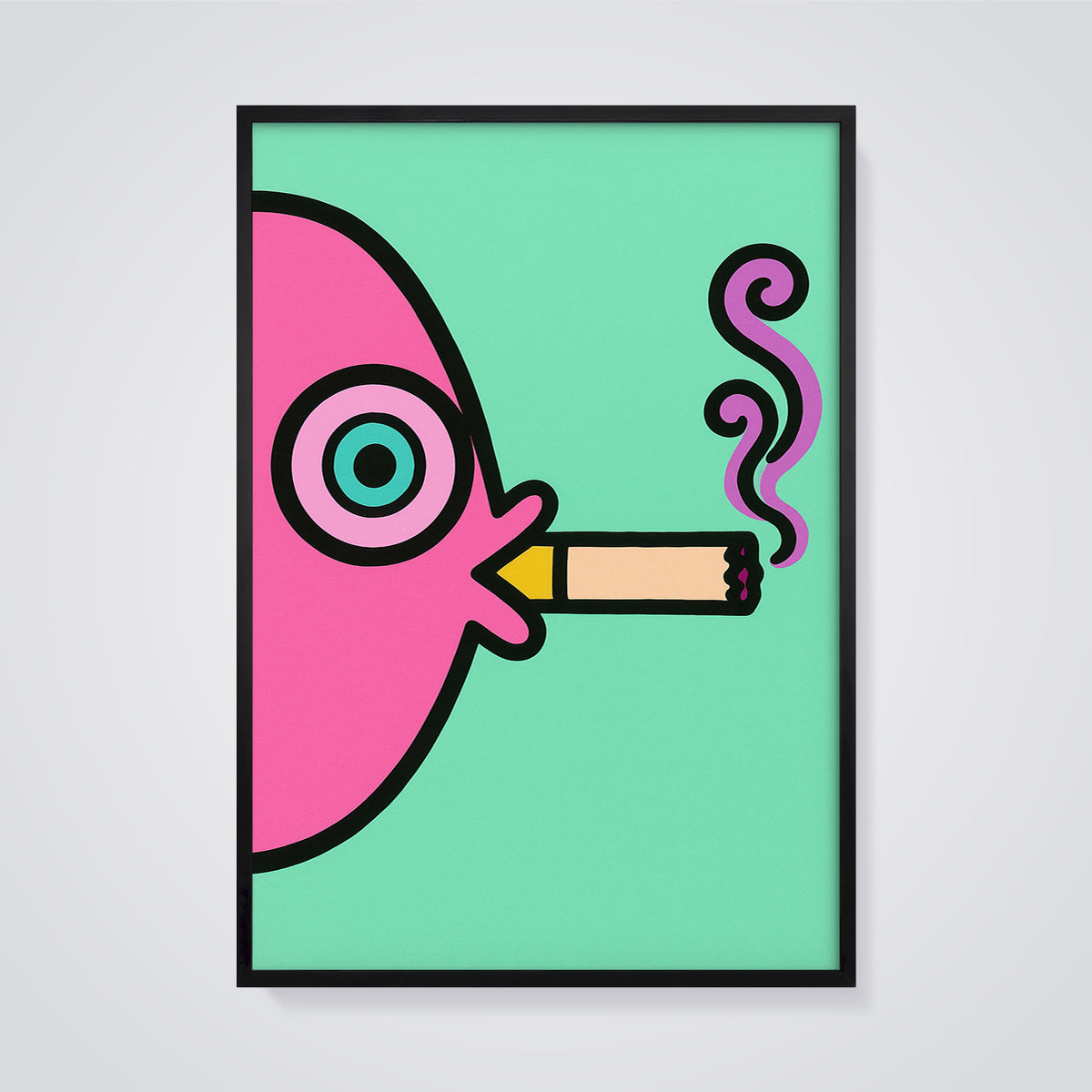 Pink Smoking Eye Print framed in black on a grey background