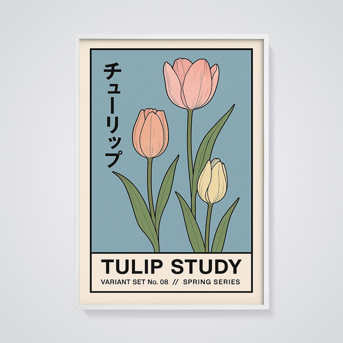 Pink and Yellow Tulip Study Print framed in white on a grey background