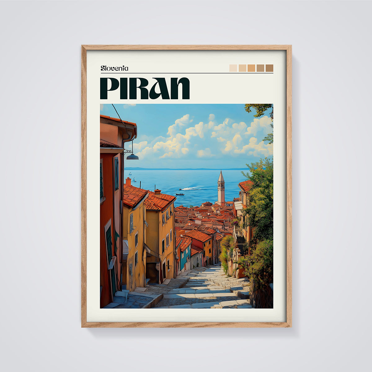 Piran Old Town Slovenia Print framed in oak on a grey background