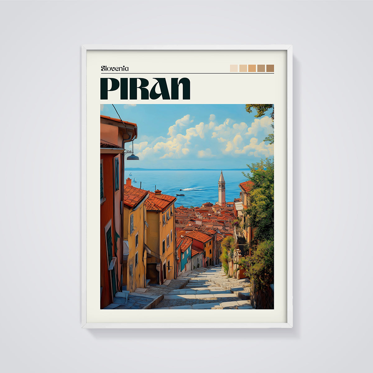Piran Old Town Slovenia Print framed in white on a grey background