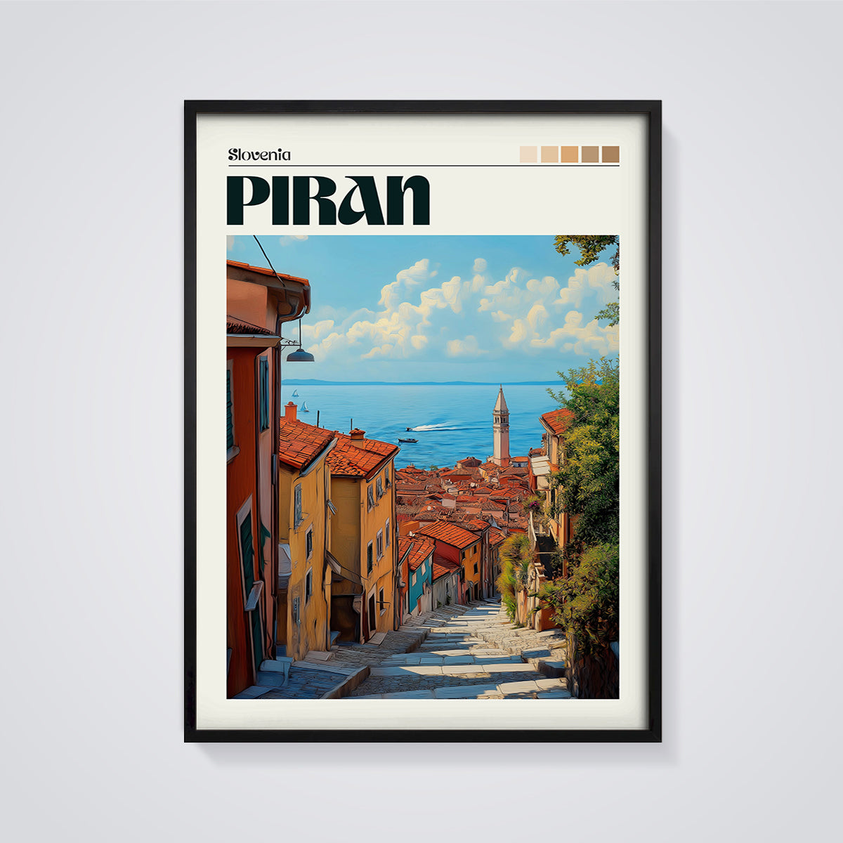 Piran Old Town Slovenia Print framed in black on a grey background