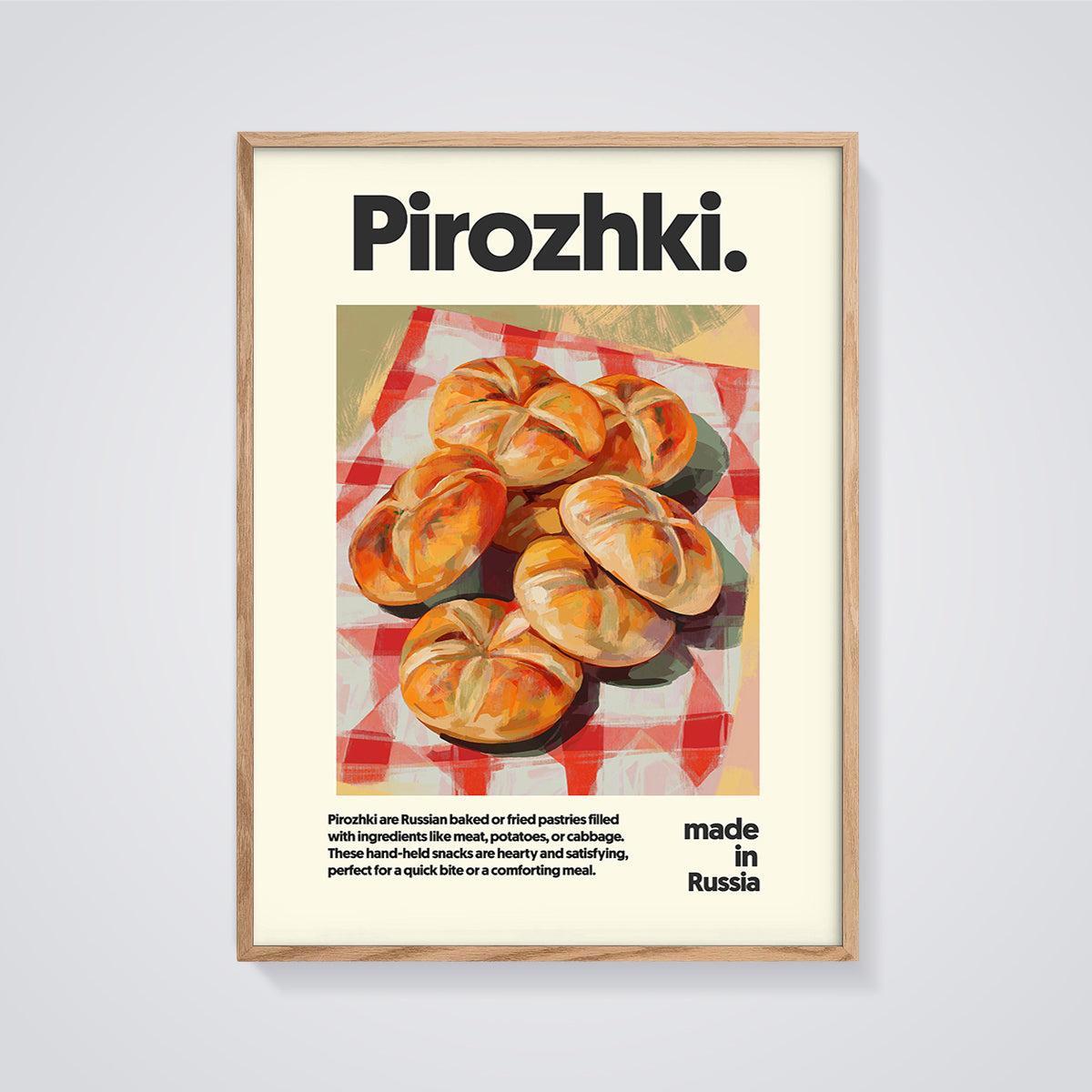 Pirozhki Pastries Print framed in oak on a grey background