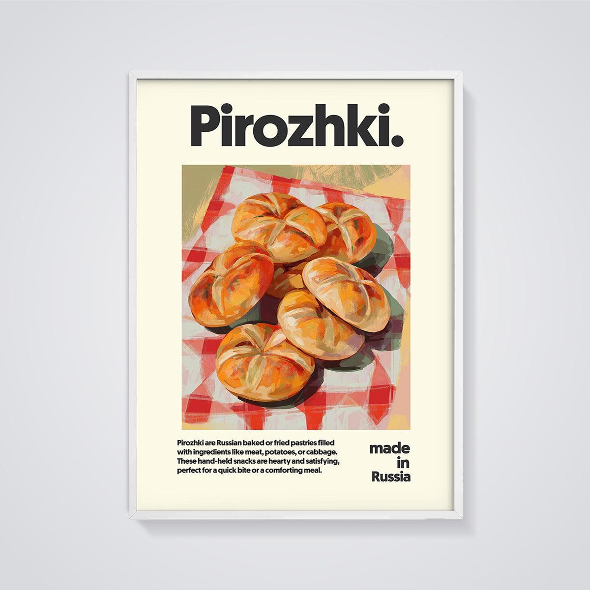 Pirozhki Pastries Print framed in white on a grey background