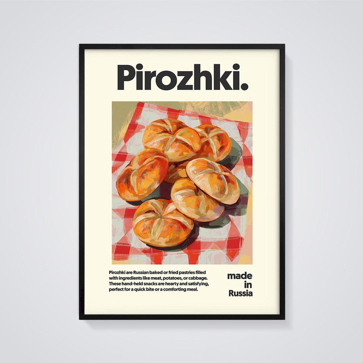 Pirozhki Pastries Print framed in black on a grey background