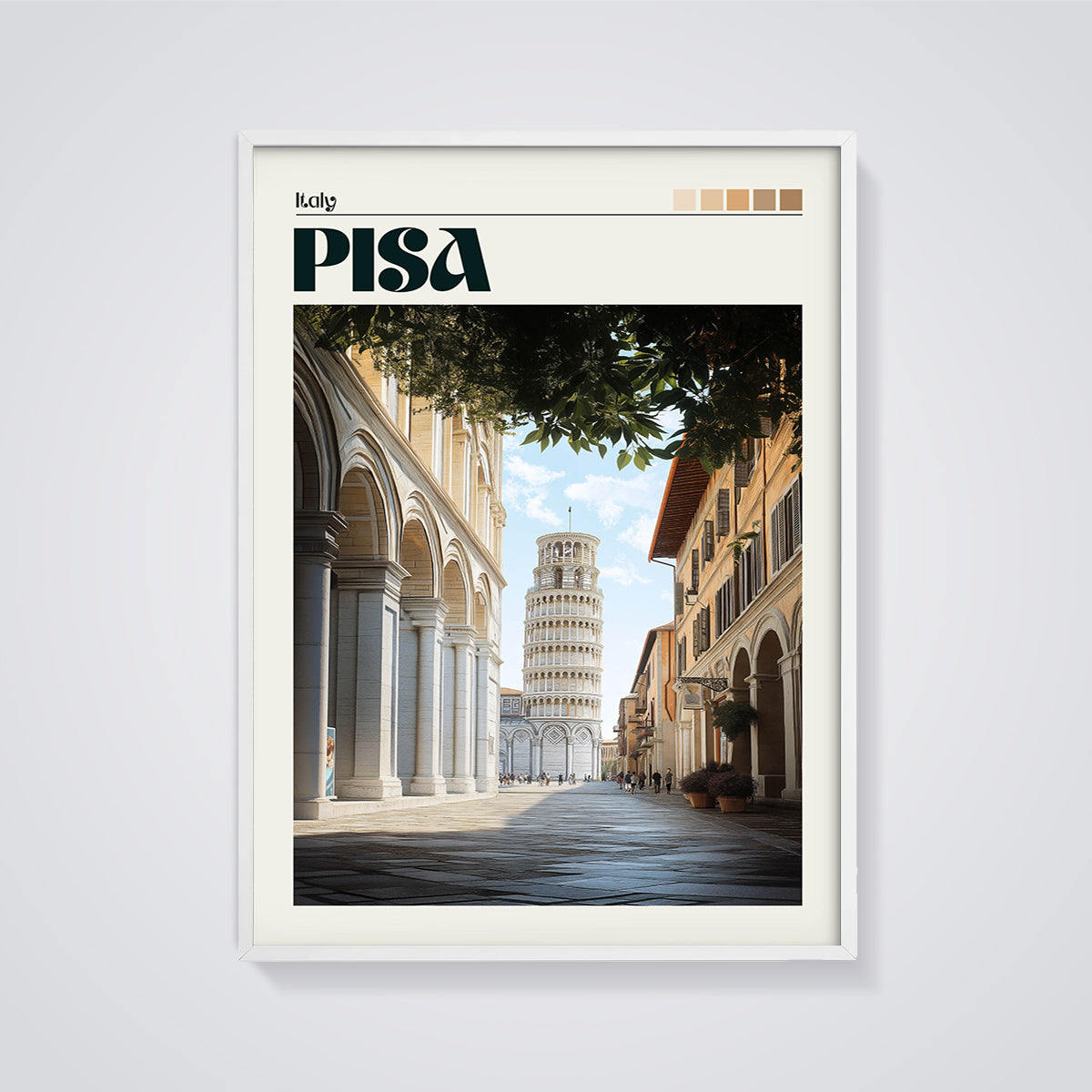 Pisa Leaning Tower Street Print framed in white on a grey background