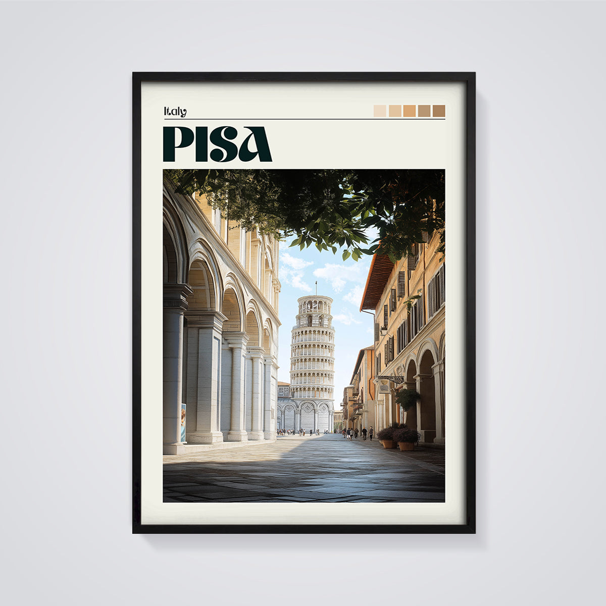 Pisa Leaning Tower Street Print framed in black on a grey background