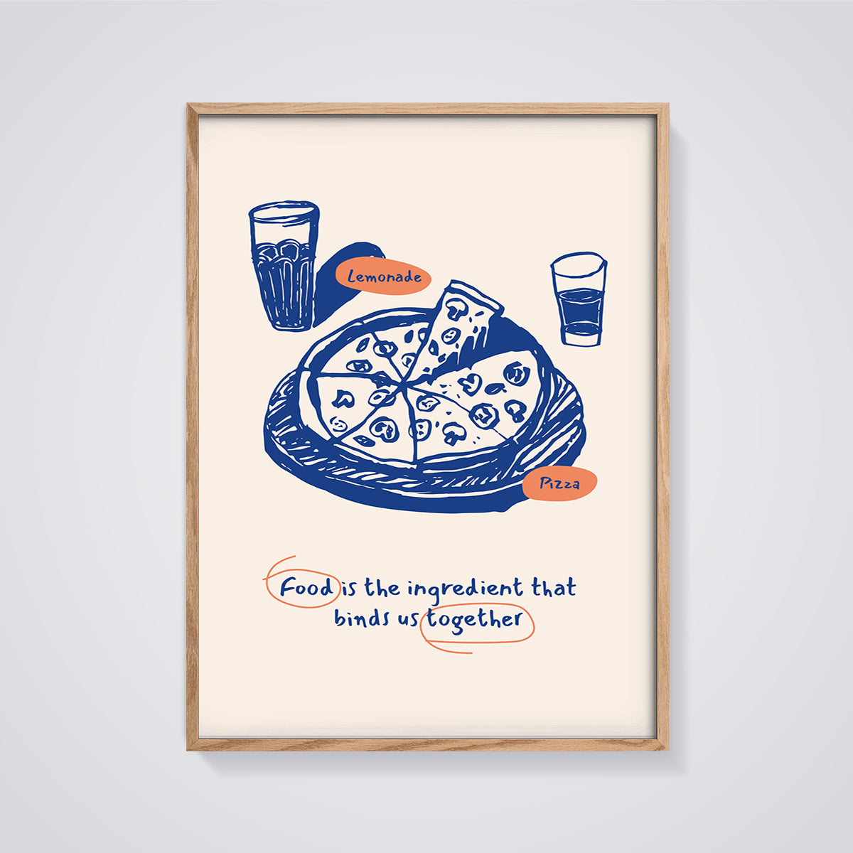 Pizza Lemonade Together Print framed in oak on a grey background