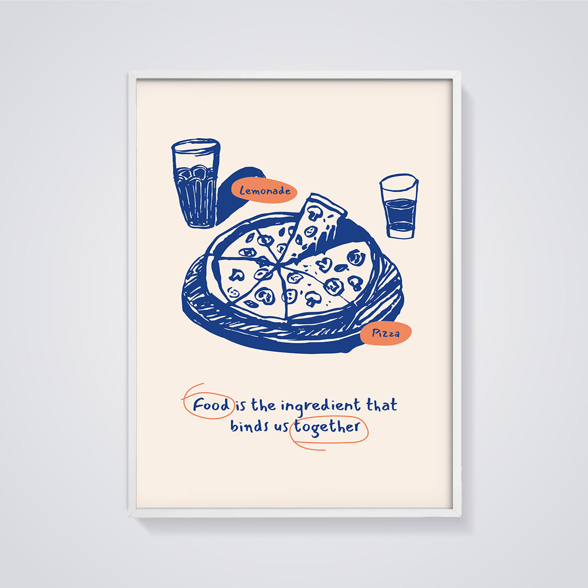 Pizza Lemonade Together Print framed in white on a grey background