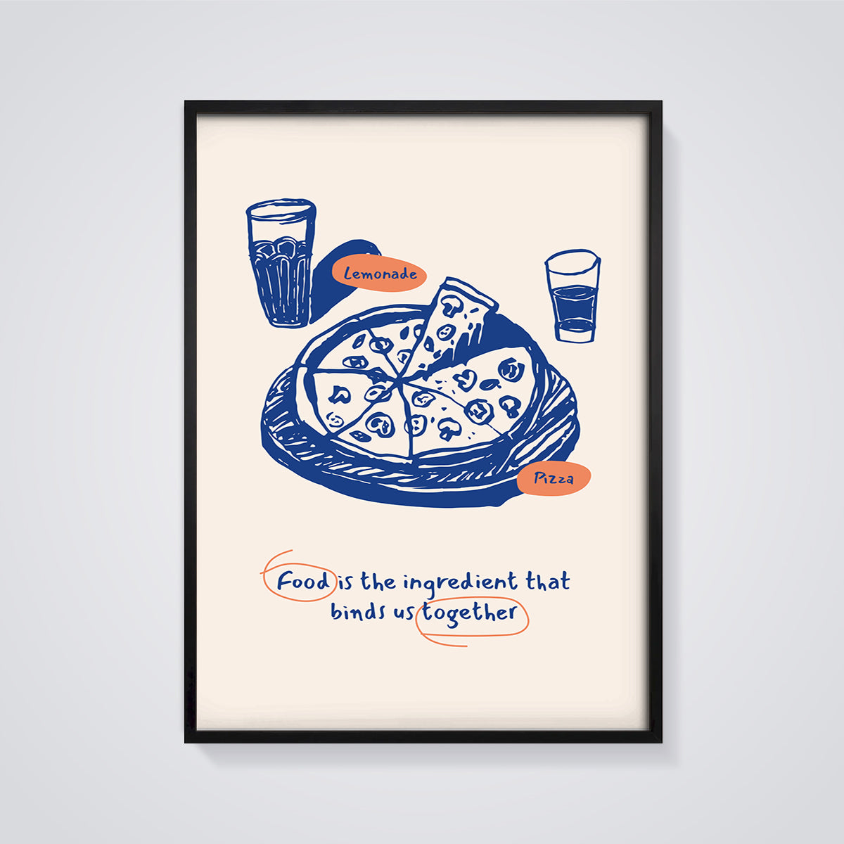 Pizza Lemonade Together Print framed in black on a grey background