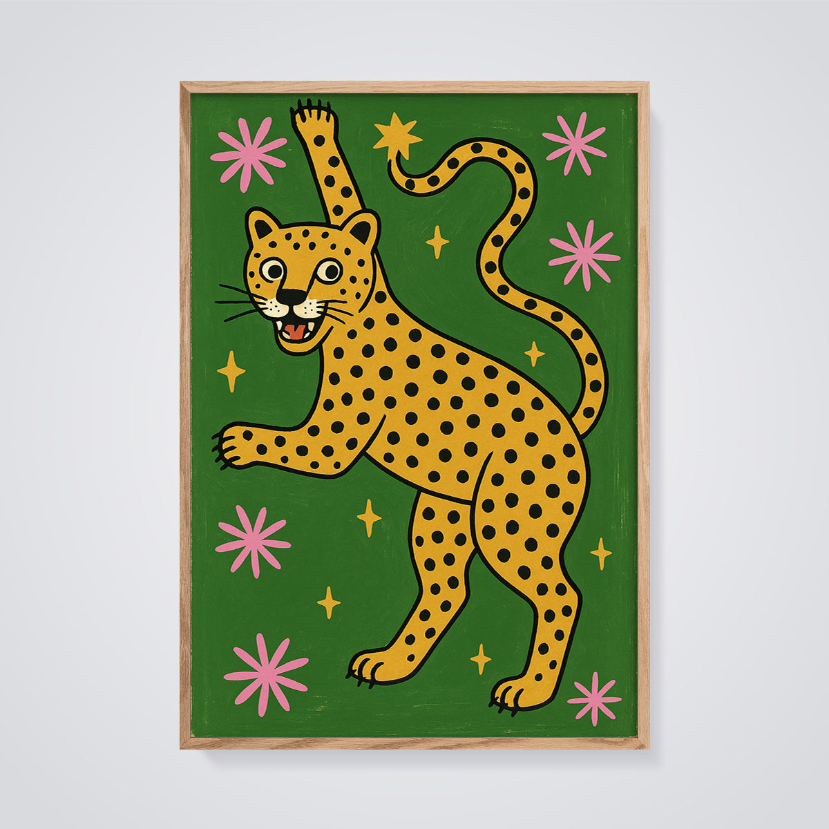 Playful Leopard Print framed in oak on a grey background