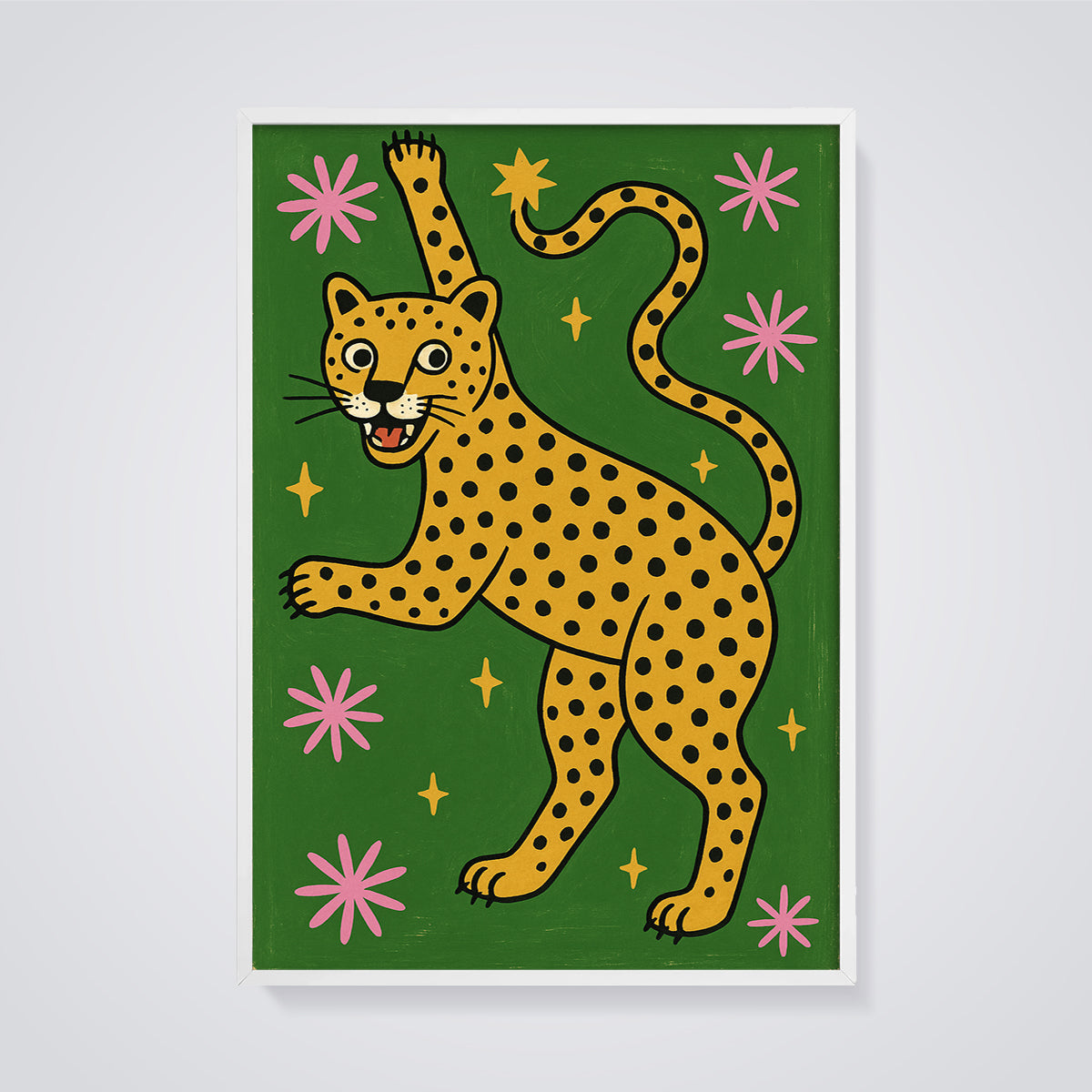 Playful Leopard Print framed in white on a grey background