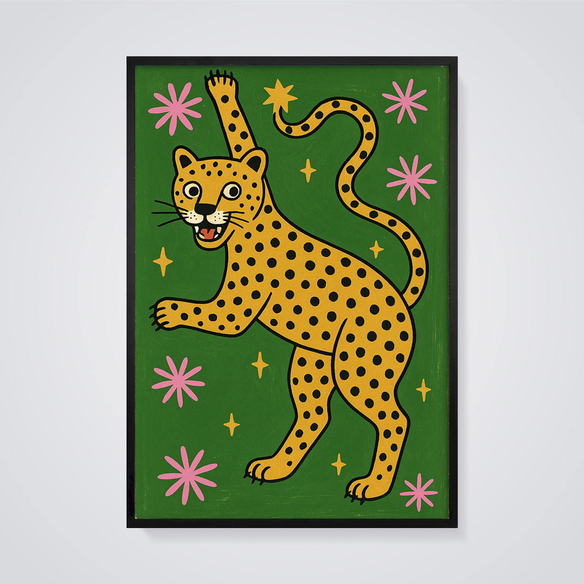 Playful Leopard Print framed in black on a grey background