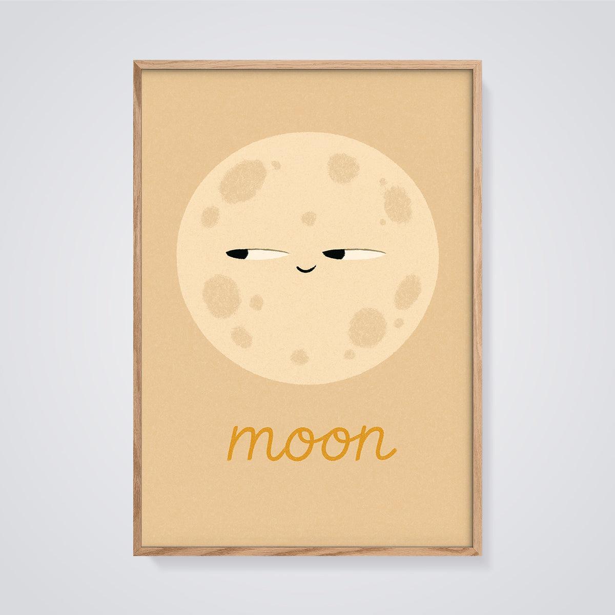 Playful Moon Word Print framed in oak on a grey background