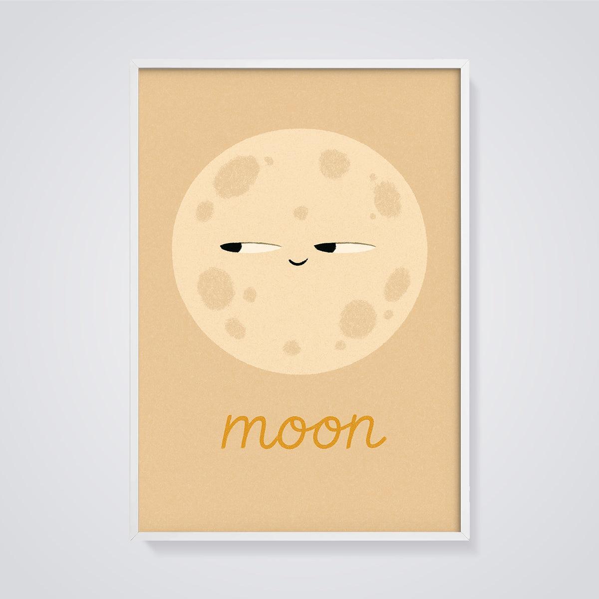 Playful Moon Word Print framed in white on a grey background