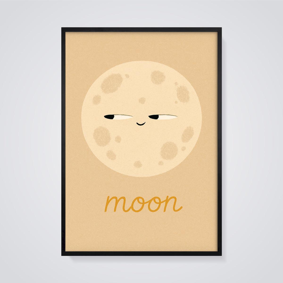 Playful Moon Word Print framed in black on a grey background