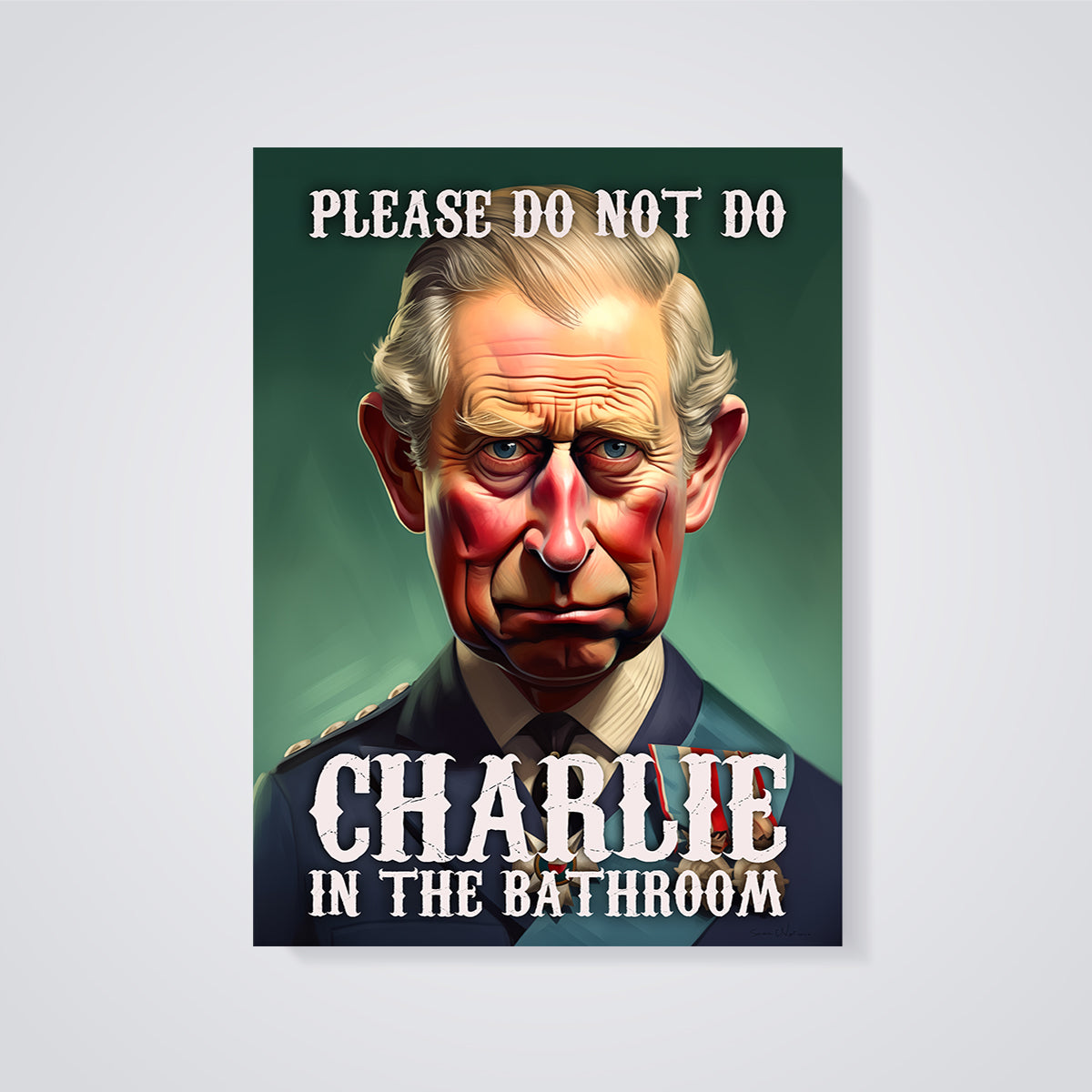 Please Do Not Do Charlie in the Bathroom Print unframed on a grey background