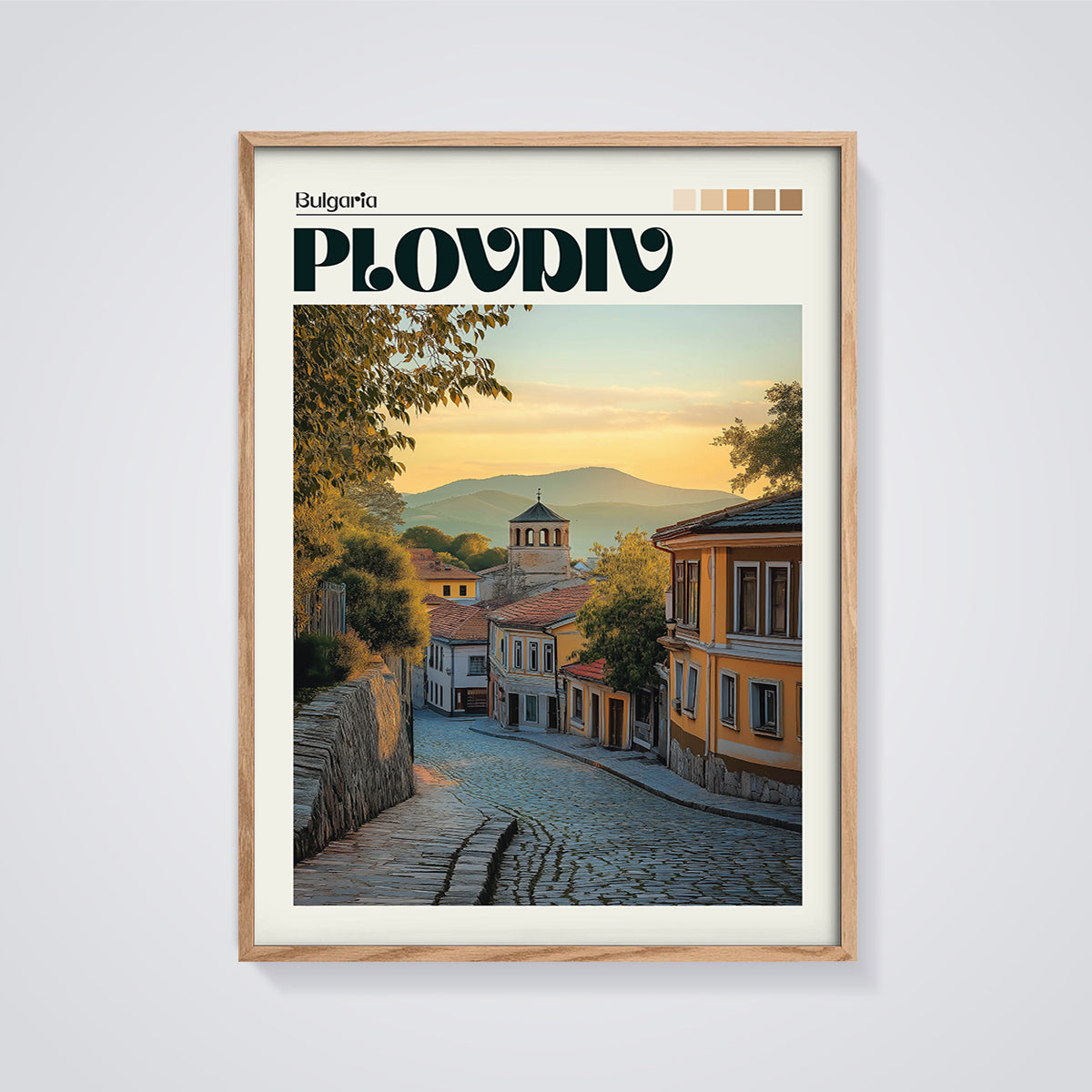 Plovdiv Old Town Sunset Print framed in oak on a grey background