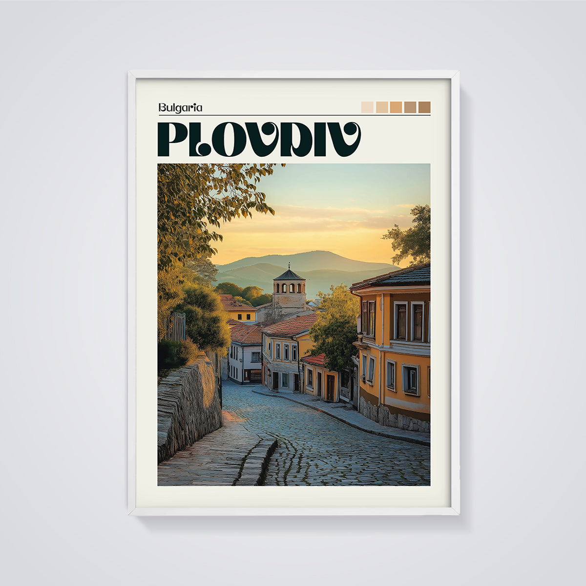 Plovdiv Old Town Sunset Print framed in white on a grey background