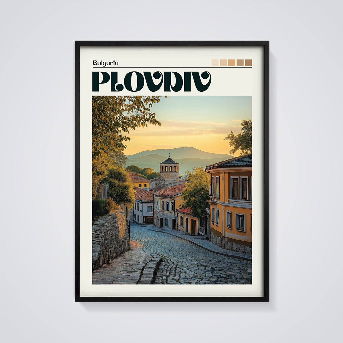 Plovdiv Old Town Sunset Print framed in black on a grey background