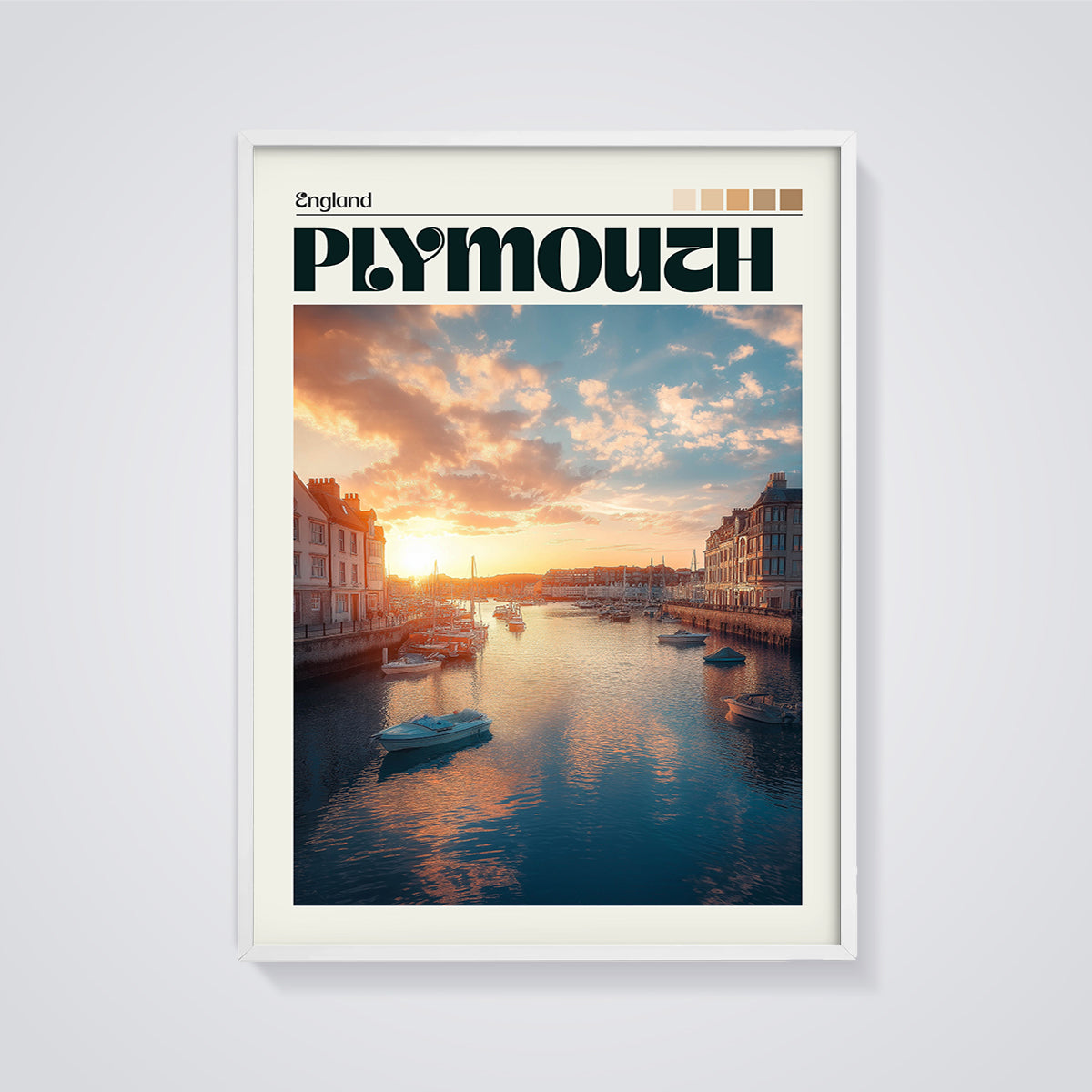 Plymouth Harbor Sunset Print framed in white on a grey background