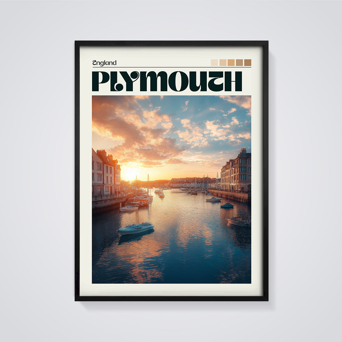 Plymouth Harbor Sunset Print framed in black on a grey background